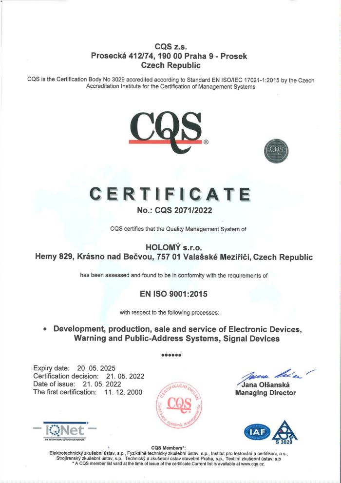 HOLOMY s.r.o. - Holomý - Certifikát